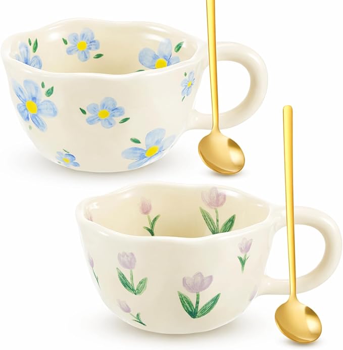 Vesici 2 Pcs Ceramic Coffee Mugs with Spoon, Vintage Floral Spring Mugs with Handle, 8.5 oz Aesthetic Flower Porcelain Tea Cup Set, Dishwasher & Microwave Safe for Home Office Gift(Vibrant)