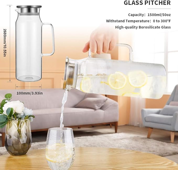 BOTTLE BOTTLE Glass Pitcher with Lid and Handle 50 oz/1500ml Water Pitcher for Ice Tea and Homemade Juice Heat Resistant Borosilicate Glass Carafe for Hot/Cold Water