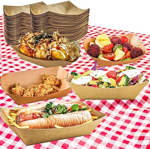 100 Pack 2lb Paper Food Trays, Heavy-Duty Paper Food Boat Disposable Serving Basket Tray for French Fries Nachos Snack Hot Dog Taco BBQ Popcorn Party Picnic Wedding Party (Brown)