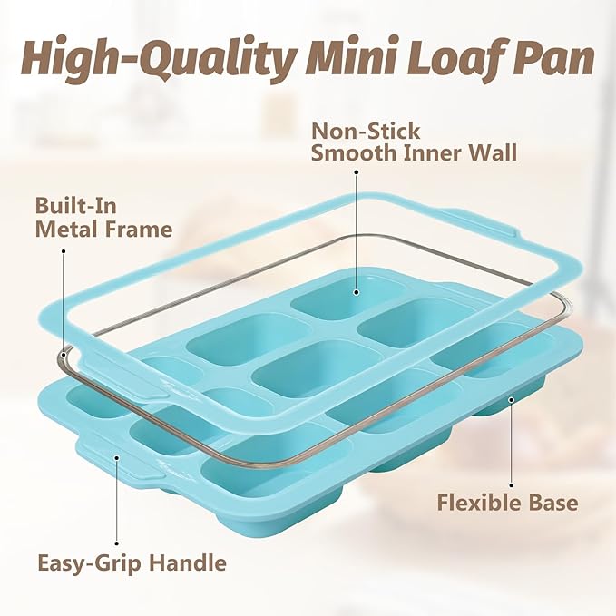 Nonstick Silicone Mini Loaf Pans: 9-Cavity Small Banana Bread Loaf Pans for Baking Cornbread with Metal Frame - Mini Meatloaf Tin for Oven - Brownie Tray for Baker Baking Lover (Beige & Mint Green)