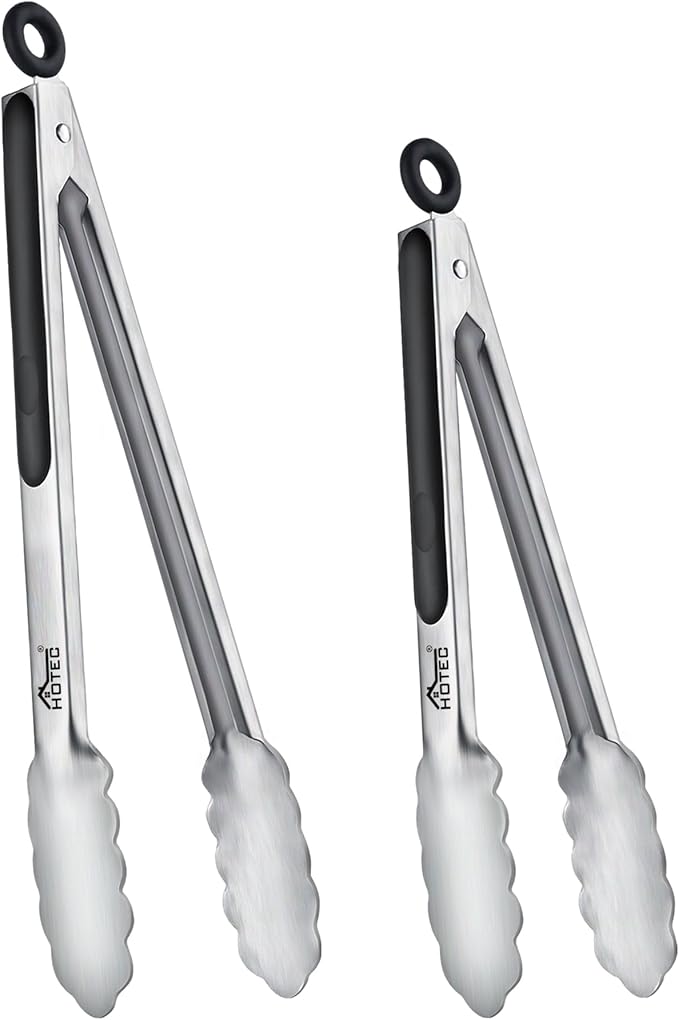 Hotec Stainless Steel Kitchen Tongs, Set of 2-9" and 12", Locking Metal Food Tongs for Cooking, Serving, BBQ, Grill Non-Slip Grip