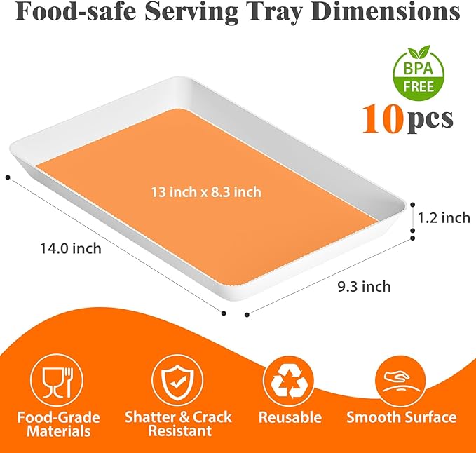 10-Pack Serving Tray Set, Reusable Plastic Serving Platter for Party Supplies, Entertaining, Grilling Accessories, Stackable Kitchen Snack Box Container for Dessert, Fruit, Cookie, (White)