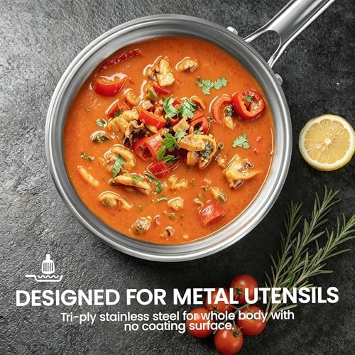 Cooker King 1.5QT Stainless Steel Saucepan with Tempered Glass Lid, Metal Utensils Safe, No Coating (PFAS/PFOA/PTFE Free), Dishwasher-Friendly, Oven-Safe Up to 900°F, Induction Ready