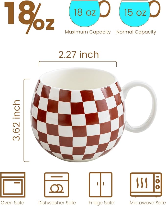LAUCHUH Porcelain Coffee Mugs - 18 Ounce Large Mug Set of 6 Coffee Cups with Handle for Mother's Day, Tea Latte Cappuccino Milk Cocoa, Dishwasher & Microwave Safe, Brown and White