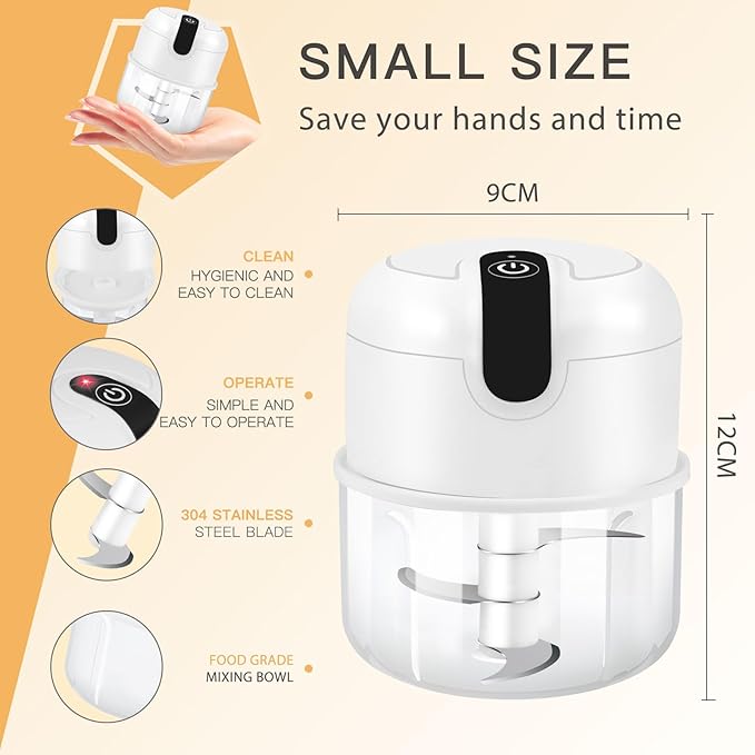 EASYSPEED Electric Garlic Chopper 1Cup, Mini USB-C Charging Food Processor, Garlic Mincer with 3 Stainless Steel Sharp Blades, Portable Kitchen Meat Grinder for Onion, Ginger, Chili, Baby Food, White