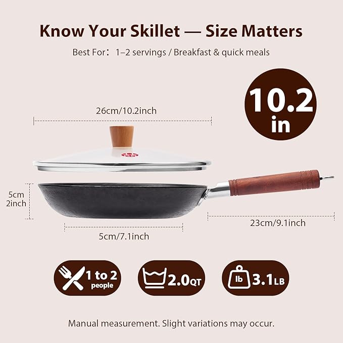 WANGYUANJI 10.2Inch Cast Iron Skillet with Lid-Handcrafted Vintage Frying Pan with Refined Tortoise Shell Texture,Flat Bottom Omelet Pan for Induction,Gas & Electric (Requires Seasoning)