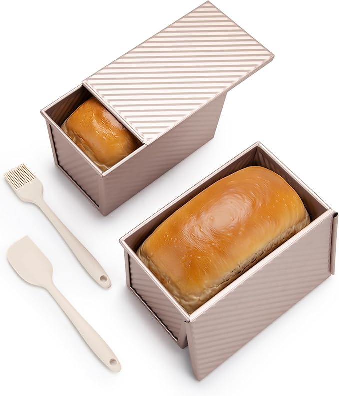 CARTMAN Bread Loaf Pan 2 Pack, 9x4 Pullman Loaf Pan with lid and a Silicone Spatula and Basting Pastry Brush, 1 lb Dough Capacity,Non-Stick Carbon Steel bread pans for homemade bread Champagne Gold