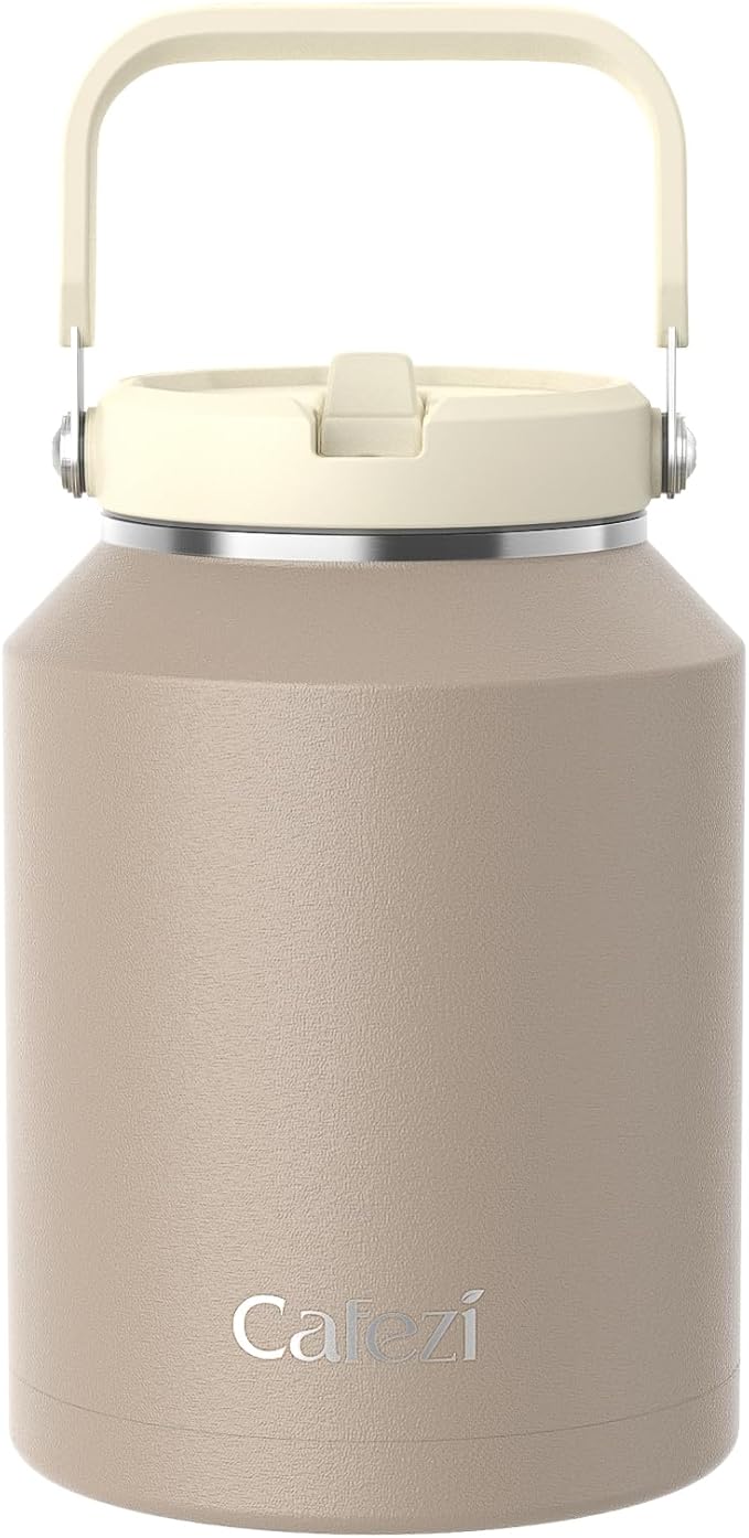 Half Gallon Insulated Water Bottle with Flip Straw, Vacuum Insulated Stainless Steel Jug with Top Handle, Leak-Proof Lid, Sweat-Free, Wide Mouth, Keeps Ice Cold up to 34 Hours