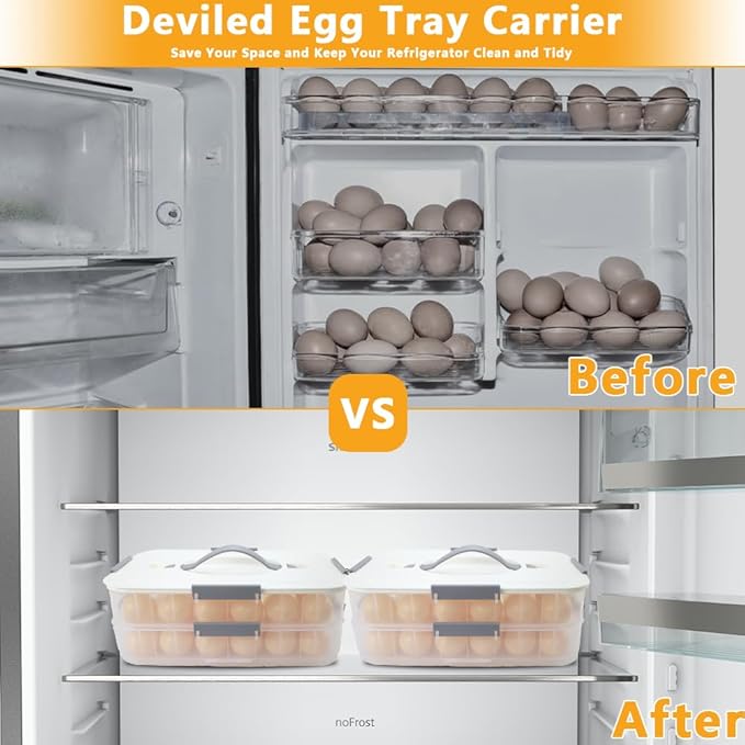 2-Layer Deviled Egg Containers With Lid,36PCS Deviled Egg Tray Carrier with Handl Injector Piping Tool,Portable Stackable Egg Holder Platter Holder Organizer for Refrigerator Party Picnic Travel Event