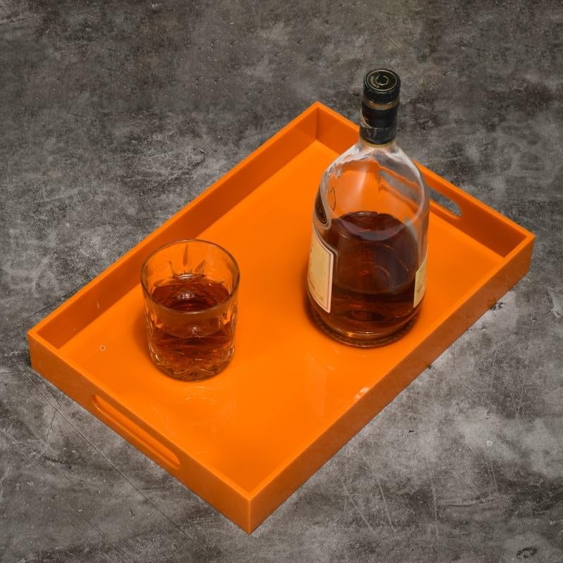 KEVLANG Orange Sturdy Acrylic Serving Tray with Handles-10x15Inch-Serving Coffee,Food,Breakfast,Butler-Kitchen Countertop Tray-Makeup Drawer Organizer-Vanity Table,Ottoman Tray-Decorative Tray