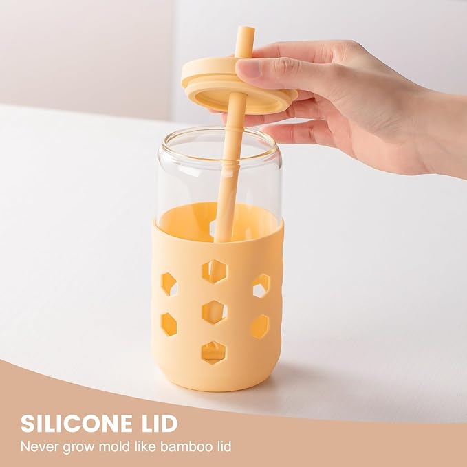 Glass Cups with Lids and Straws (4 Pack), 16oz Drinking Glasses Set with Silicone Sleeves for Coffee Bar Accessories Iced Coffee Cups with Lids, Glass Tumbler Reusable for Gifts
