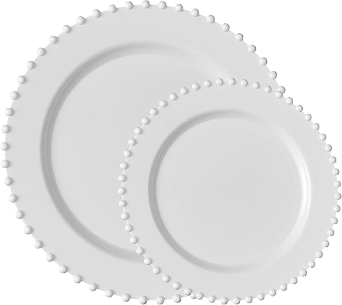 PLASTICPRO 32 Piece Combo Plastic Dinner Plates Disposable Plastic Fancy Heavy Duty Party Dishes 7 inch and 10 inch, White Beaded