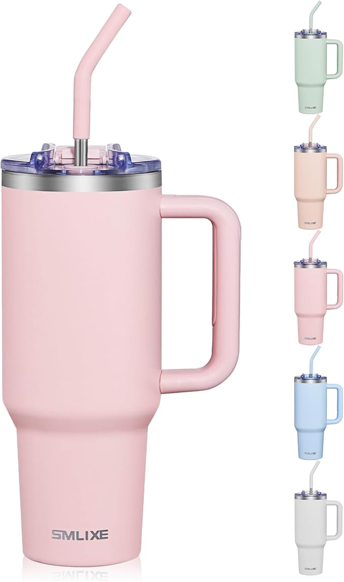 COKTIK 40 oz Tumbler With Handle and Straw, Insulated Tumbler With Leakproof Lids, Stainless Steel|BPA-Free, Cold for 24 H (Blush)