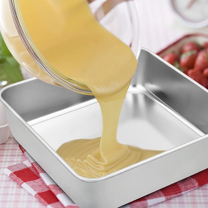 TeamFar 9 Inch Square Cake Pan Set of 2, Stainless Steel Square Baking Pan for Lasagna Cake Brownie, Healthy & Heavy Duty, Dishwasher Safe & Easy Clean, Deep Wall & Smooth Edge