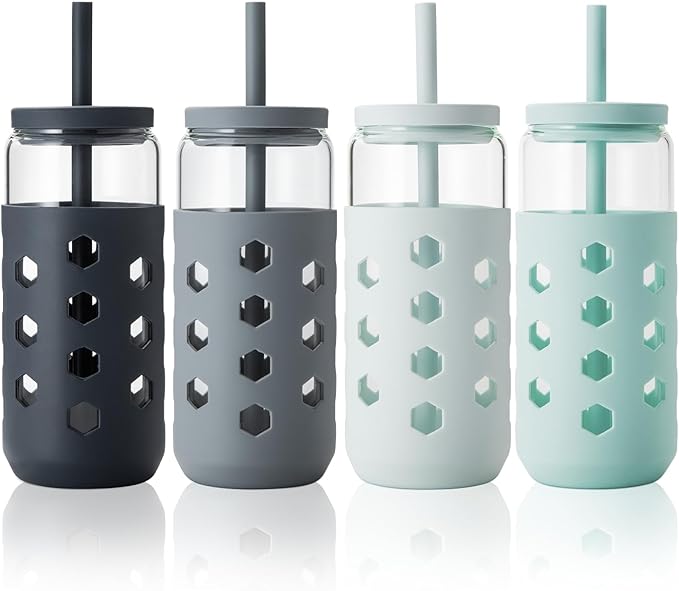 Glass Cups with Lids and Straws (4 Pcs), 20oz Drinking Glasses Set with Silicone Sleeves for Coffee Bar Accessories Iced Coffee Cups with Lids, Glass Tumbler Reusable for Gifts