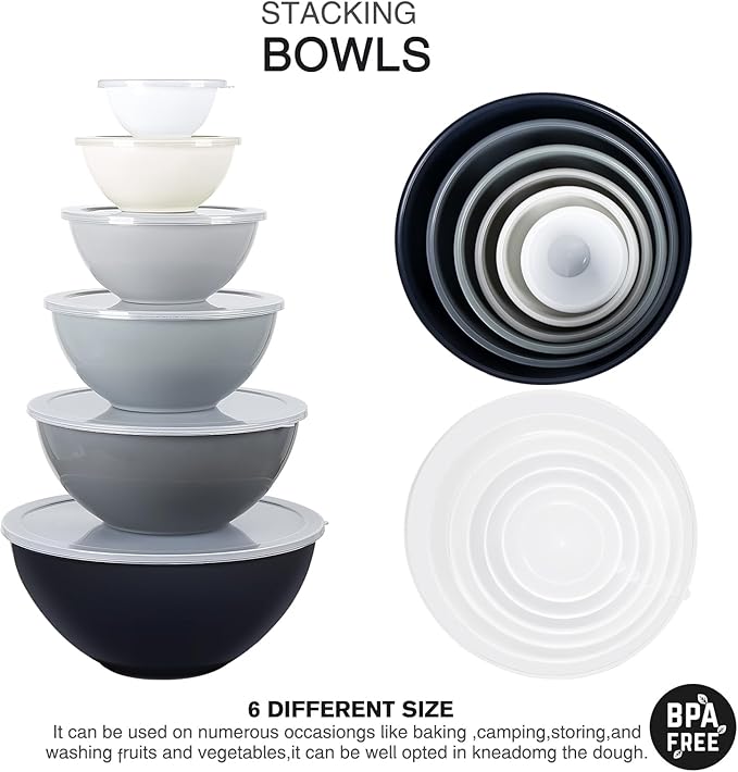 5-Piece Plastic Mixing Bowls with Lids Set for Kitchen, Nesting Bowls for Mixing, Baking, Prepping, Cooking and Serving Food, Mixing Bowls Dishwasher, Microwave Safe (Gray)