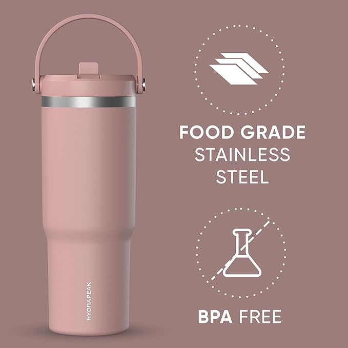 Hydrapeak Nomad 32 oz Tumbler with Handle and Straw Lid, Leakproof, Double Insulated, 32oz Cup Stainless Steel (Rosewood)