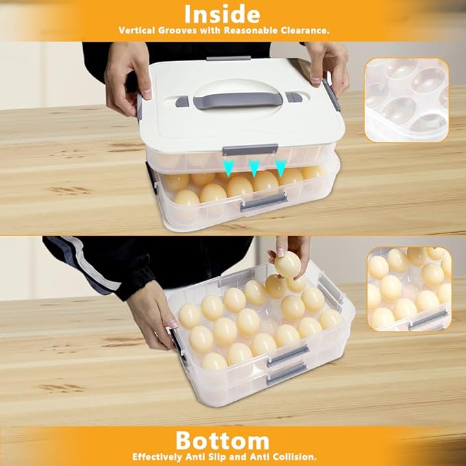 2-Layer Deviled Egg Containers With Lid,36PCS Deviled Egg Tray Carrier with Handl Injector Piping Tool,Portable Stackable Egg Holder Platter Holder Organizer for Refrigerator Party Picnic Travel Event