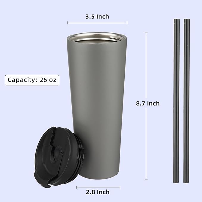 26 OZ Insulated Tumbler with Lid and 2 Straws Stainless Steel Water Bottle Vacuum Travel Mug Coffee Cup,Gray