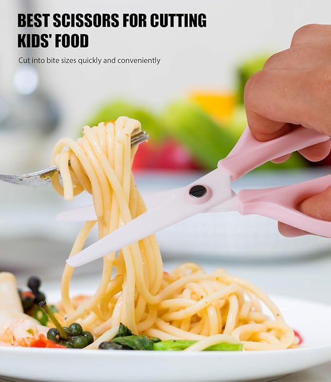 Baby Food Scissors Kicthen Shears - Portable Healthy Cute Kids Ceramic Scissors with Storage Case - Ideal for Cutting Meat, Chicken, Vegetables, and Fruits (Pink)