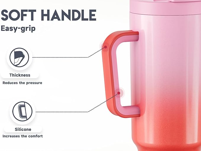 Meoky 40 oz Tumbler with Handle and Flip Straw, 100% Leakproof Tumbler with Lid and Straw, Stainless Steel Insulated Cup, Cupholder Friendly, Keeps Cold for 34 Hours (Flamingo)