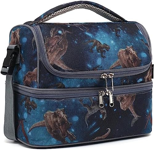 FlowFly Double Decker Cooler Insulated Lunch Bag Large Tote for Boys, Girls, Men, Women, With Adjustable Strap, MyDinosaur