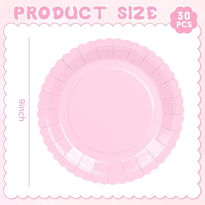30 Pcs Pink Plates, 9 Inch Pink Scalloped Dessert Plates Disposable Dinner Paper Plates Cake Party Plates for Easter Party, Baby Shower, Wedding, Bridal Shower, Birthday Party, Mother's Day