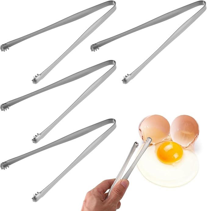 4pcs Egg Chalaza Removal Tongs, Toothed Design Egg Membrane Eggshell Fragment Remover Tong, Stainless Steel Kitchen Tongs Multipurpose Kitchen Tool for Cooking Food Cake Bakers Pastry Chefs