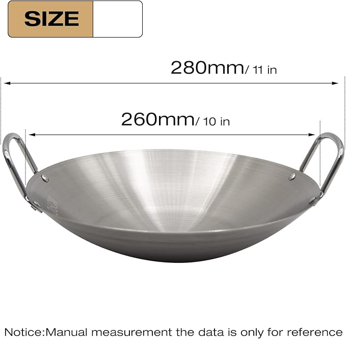 Stainless Steel Wok 10 Inch/ 26cm, Round Bottom Dual- Handled Heavy Wok, Traditional Canton Style Frying Pan Multi- Cooking Wok Stir Fry Pan for Kitchen Restaurant Home (Small)