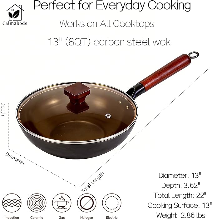 Calmabode 13" Pre-Seasoned Carbon Steel Flat Bottom Wok - Fast, Even Heating - Works on Gas, Electric & Induction - Durable Commercial-Grade - Ready-to-Use, Easy Maintenance - Toxin-Free Cooking