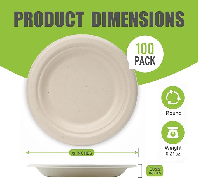Disposable Small Paper Plates 6 Inch (Brown) - 100 Counts Heavy Duty Natural Bagasse Plates, Compostable & Leak-Proof, Microwave Safe for Birthday Party Desserts & Appetizer & Picnic Snacks, BBQ