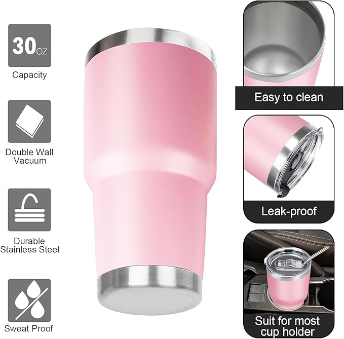 30 oz Tumbler with Lids and Straws Double Wall Vacuum Insulated Tumbler Cup,Stainless Steel Leak-proof Thermal Tumbler Travel Coffee Mug for Cold and Hot Drinks,Sakura Pink