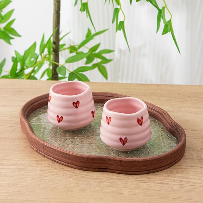 4pcs Japanese Tea Cup Set – 160ml 5.4OZ Ceramic Matcha Cup, Small Handless Espresso Cups, Cute Coffee Mugs for Girls (Pink Love)