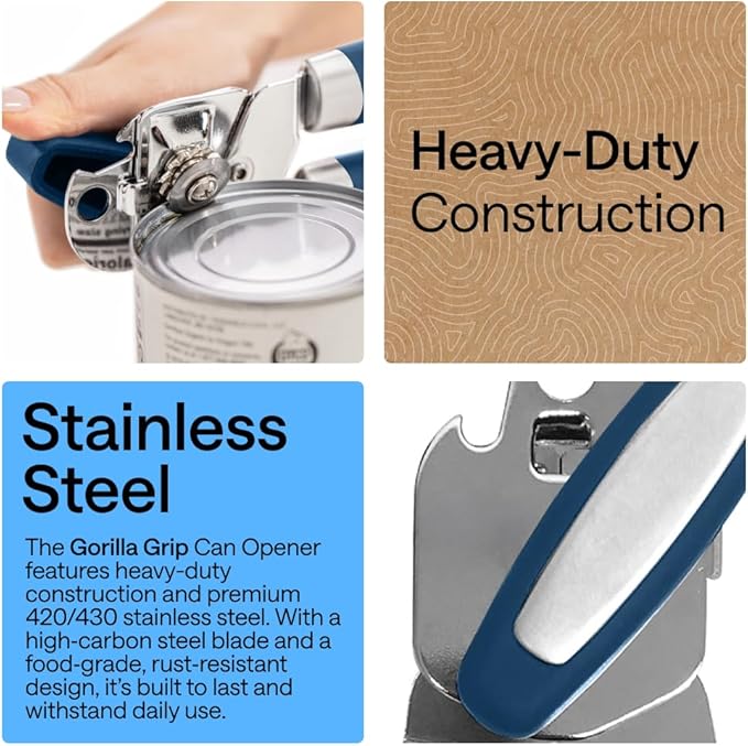 GORILLA GRIP Heavy Duty Stainless Steel Smooth Edge Manual Can Opener and Bottle Openers, Soft Comfortable Handle, Oversized Handheld Turn Knob, US Designed Multifunctional Kitchen Tool, Blue