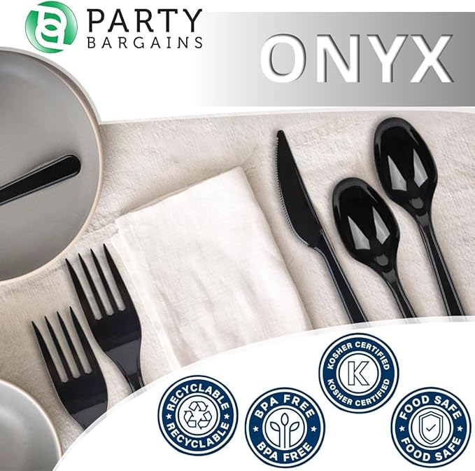 PARTY BARGAINS Onyx Settings Black Plastic Cutlery Set 360‑Piece – 180 Forks, 120 Spoons, 60 Knives – Heavy‑Duty Disposable Utensils for Parties, Weddings, Buffets, BBQs & Catering – BPA Free
