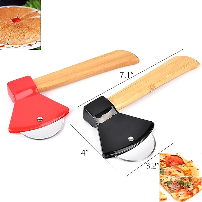 2Pcs Pizza Cutter Wheel, Axe Shaped Stainless Steel Pizza Knife With Bamboo Handles and Sharp Rotating Blades, Pizza Slicer Rolling Cutter for Pies, Cookies, Bread, Cakes (Black & Red)