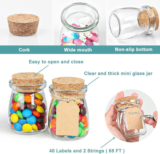 40 Pack Glass Favor Jars with Cork Lid, 3.4 oz Small Glass Bottles for Wedding Favor, Baby Shower, Party Favor, Gift Jars for Candy, Bonus Twine and Labels