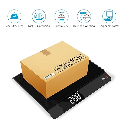 Digital Postal Scale with Backlit LCD, 15kg Grams/Oz/Lb/ML, Tare Function, Auto-Off, Large Platform for Mailing, Cooking, and Small Packages