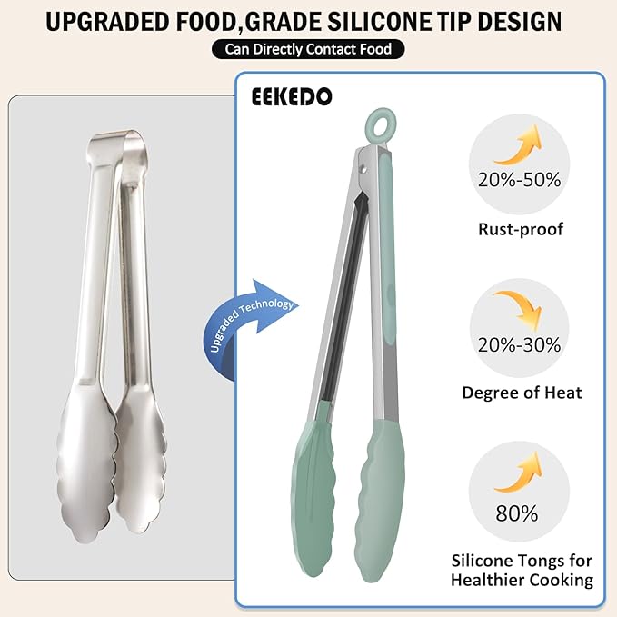 Kitchen Tongs, Stainless Steel Cooking Tongs with Silicone Tips, 600ºF High Heat-Resistant Non Scratch Locking Tongs for Cooking BBQ Grilling Air Fryer Pans, Set of 2 (7" 9" and 12") Sage Green