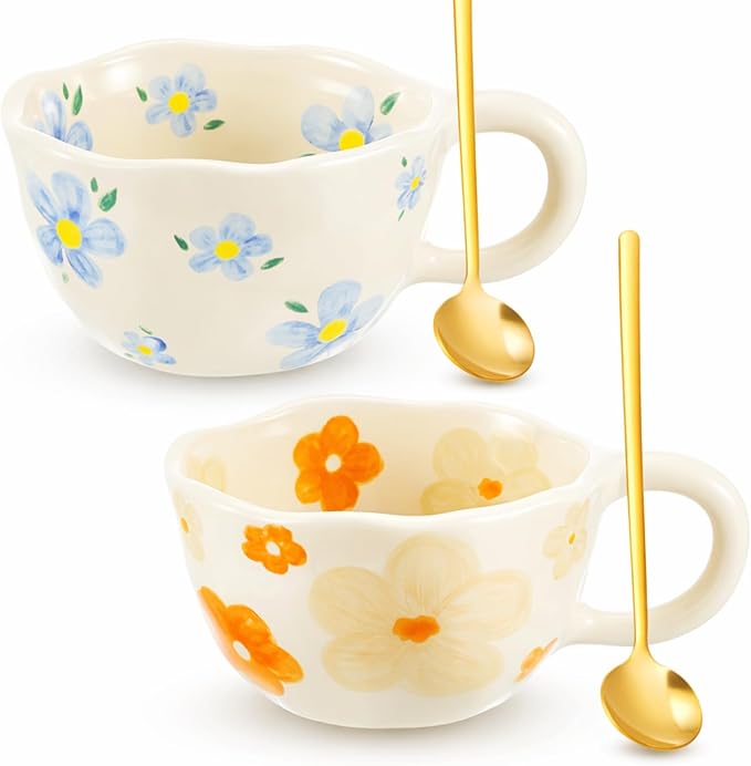 Vesici 2 Pcs Ceramic Coffee Mugs with Spoon, Vintage Floral Spring Mugs with Handle, 8.5 oz Aesthetic Flower Porcelain Tea Cup Set, Dishwasher & Microwave Safe for Home Office Gift(Vivid)