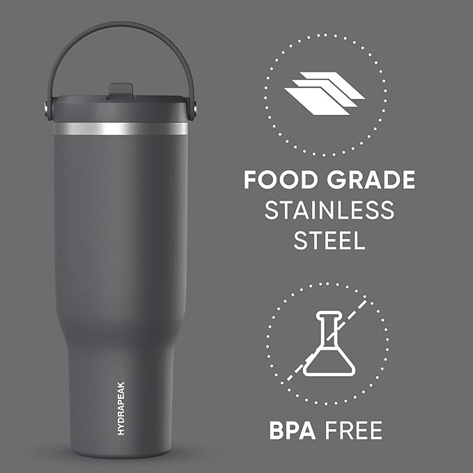 Hydrapeak Nomad 40 oz Tumbler with Handle and Straw Lid, Leakproof, Double Insulated, 40oz Cup Stainless Steel (Grey Matter)