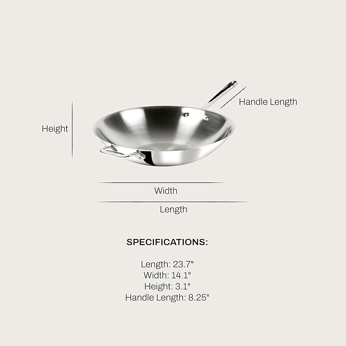 All-Clad D3 3-Ply Stainless Steel Wok 14-Inch, Induction Compatible, Oven Broiler Safe 600F, Stir-Fry Pan, Fast and Even Heat, Cookware, Frying Pan, Kitchen Essential, Pots and Pans, Silver