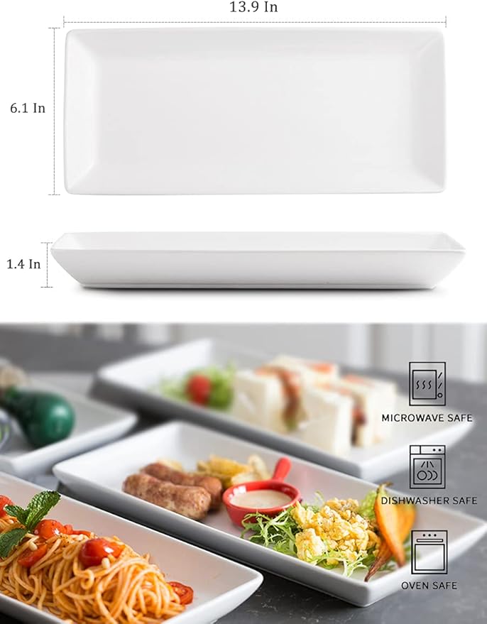 Serving Platters and Tray White Serving Dishes for Entertaining 14-inch Large Rectangle Plates for Easter, Mother's Day, Porcelain Serving Trays for Steak, Taco, Sushi, Appetizer, Party, Set of 4