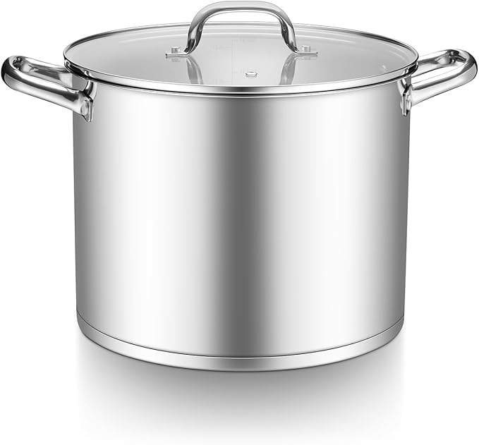TeamFar Stainless Steel Stock Pot, 14QT Tri-ply Bottom Stockpot Large Cooking Soup Pot with Lid, for Induction Gas Electric Glass Tops, Non Toxic & Sturdy, Straight Sidewall & Various Stovetops Safe