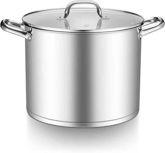 TeamFar Stainless Steel Stock Pot, 14QT Tri-ply Bottom Stockpot Large Cooking Soup Pot with Lid, for Induction Gas Electric Glass Tops, Non Toxic & Sturdy, Straight Sidewall & Various Stovetops Safe