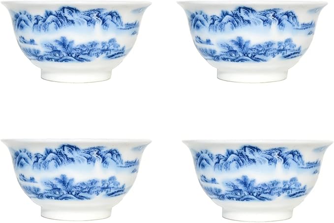 Liang baobao Chinese Traditional Tea Tasting Cup Set of 4, 2oz Bule and White Porcelain Mini Cups for Gongfu Tea Ceremony (landscape)