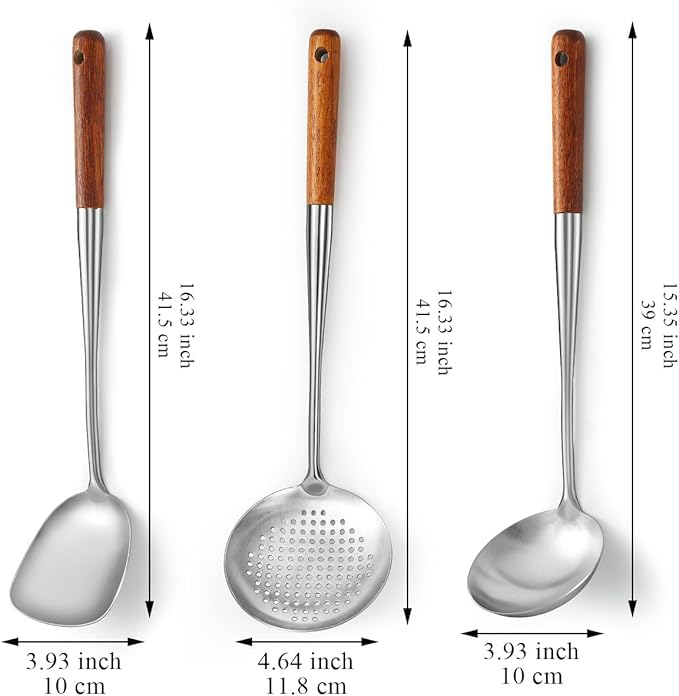 Evanda Wok Spatula Set 17", Heat Resistant Wood Handle Stainless Steel Wok Tools, Ladle, Metal Spatula, Kitchen Skimmer, Professional Kitchen Cooking Utensils Set, Wok Accessories Dishwasher Safe