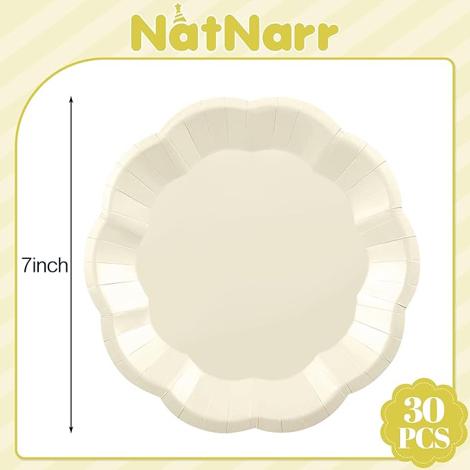 30 Pcs Paper Plates 7 In Ivory Party Plates Scalloped Paper Plate Cute Disposable Cake Plate for Baby Shower, Bridal Shower, Birthday, Wedding