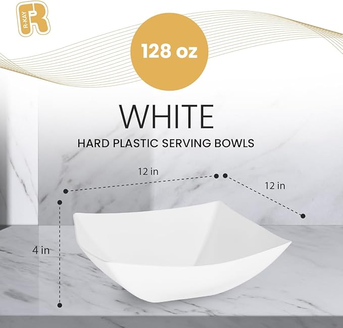 R-kay 6 Pack Square Extra Large Plastic White Serving Bowls -128 Oz White Plastic bowls - Salad Bowls Large Serving, Premium Heavy Duty For Weddings Catering And Birthday parties