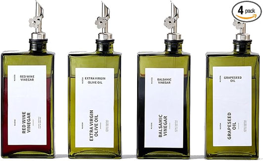 Olive Oil Dispenser Bottle for Kitchen, 16.9oz /500ml Cooking Vinegar Dispenser Bottle Set, Glass Sauce Container, Labels, Brush, Funnel, Stoppers, Green for Oil, Wine